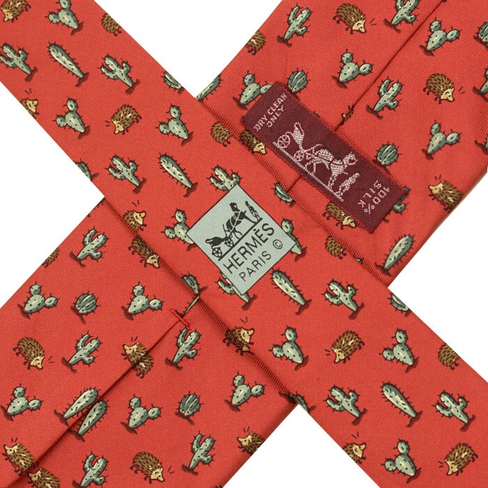 Hermes Men's Silk Tie Whimsical Porcupine and Cactus Pattern 7988 | Necktie Cravate