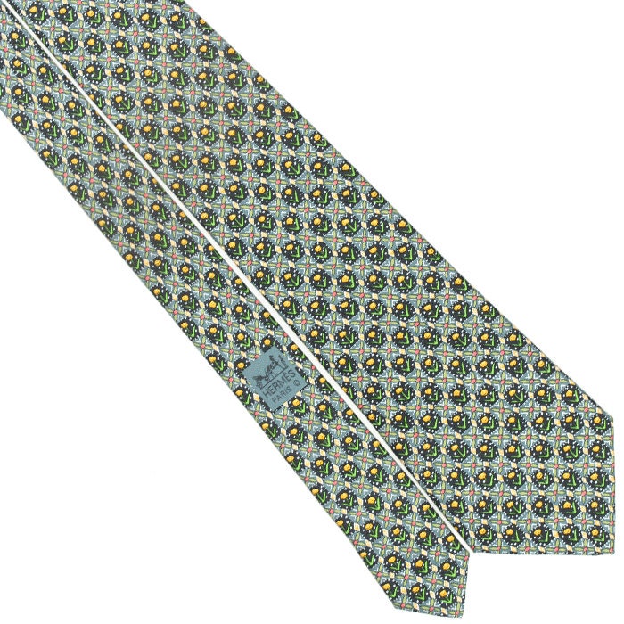 HERMES TIE Auth Mens Silk Necktie Tulips Pattern 7757