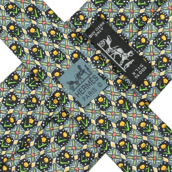 HERMES TIE Auth Mens Silk Necktie Tulips Pattern 7757