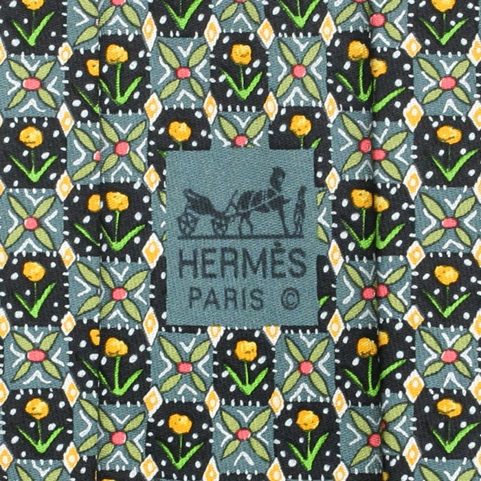 HERMES TIE Auth Mens Silk Necktie Tulips Pattern 7757