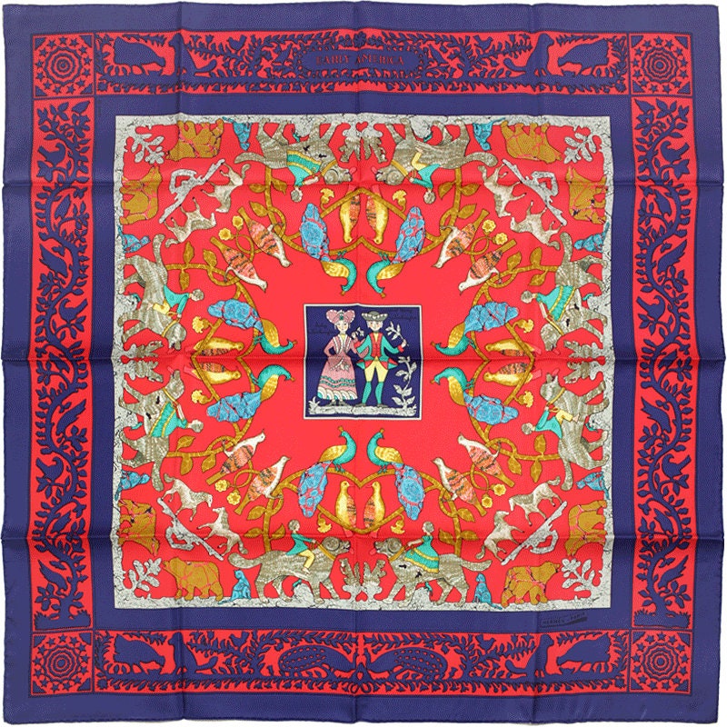 Hermes Scarf "Early America" by Françoise De La Perriere Vintage 90cm Silk