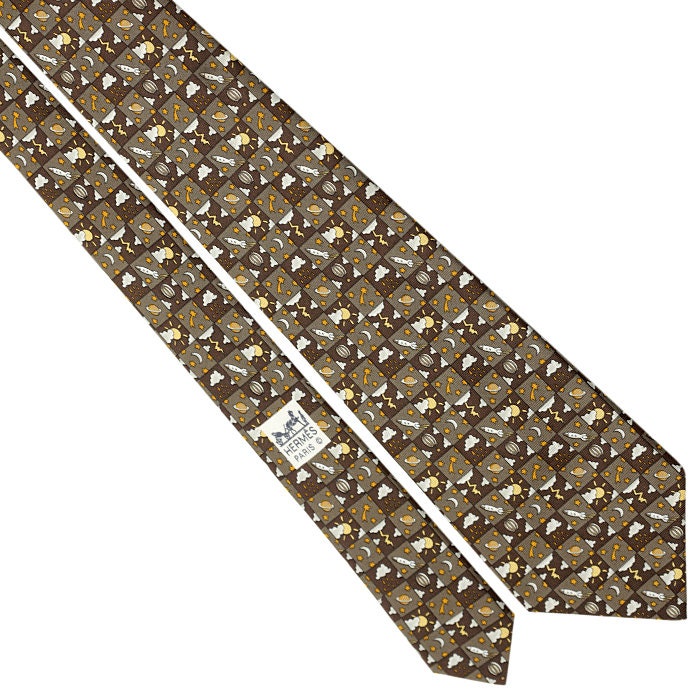 Hermes Men's Silk Tie Whimsical Space and Weather Pattern 7803 | Necktie Cravate