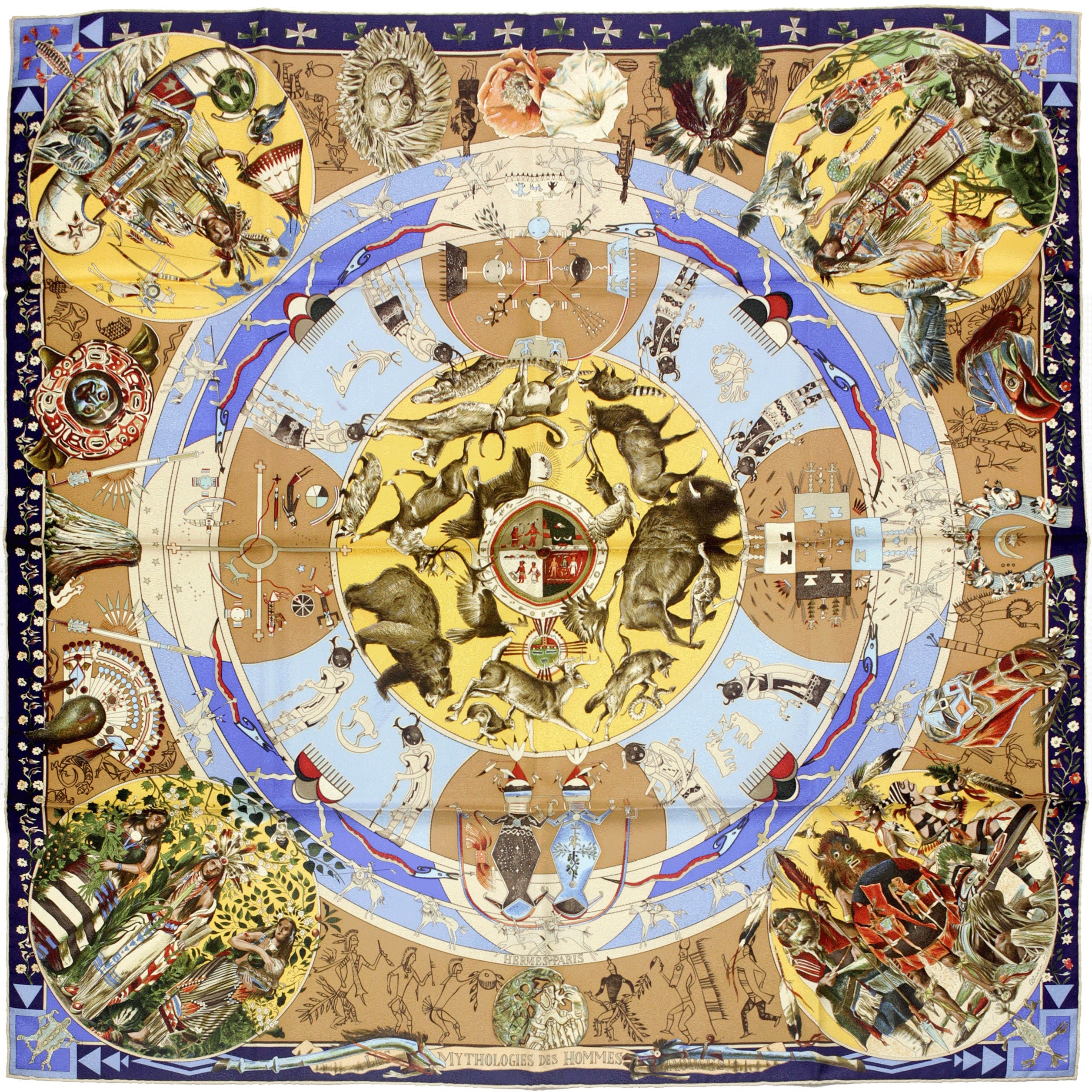 Hermes Scarf "Mythologies des Hommes Rouges" by Kermit Oliver 90cm Silk | GRAIL Carre Foulard