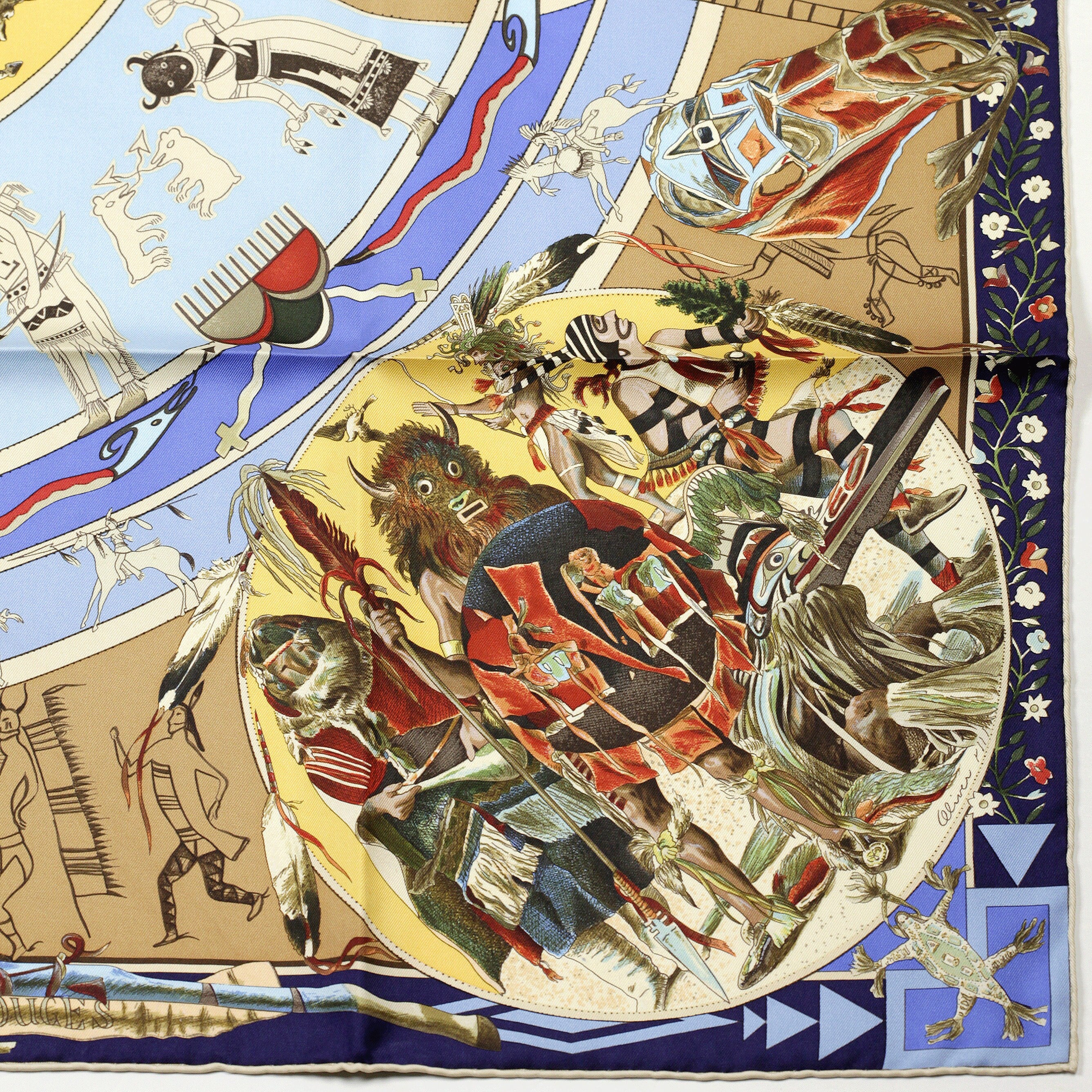 Hermes Scarf "Mythologies des Hommes Rouges" by Kermit Oliver 90cm Silk | GRAIL Carre Foulard