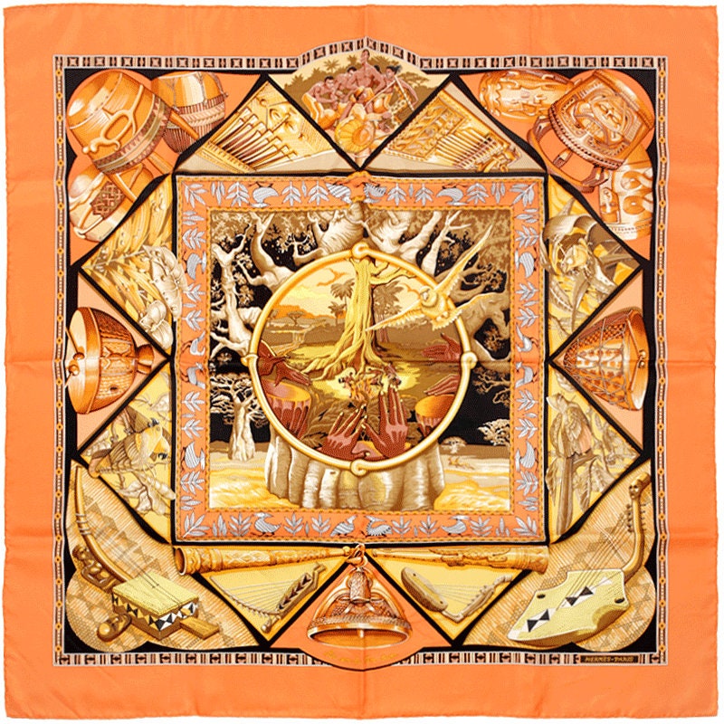 Hermes Scarf "Au Son du Tam Tam" by Laurence Bourthoumieux 90cm Silk