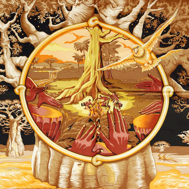 Hermes Scarf "Au Son du Tam Tam" by Laurence Bourthoumieux 90cm Silk