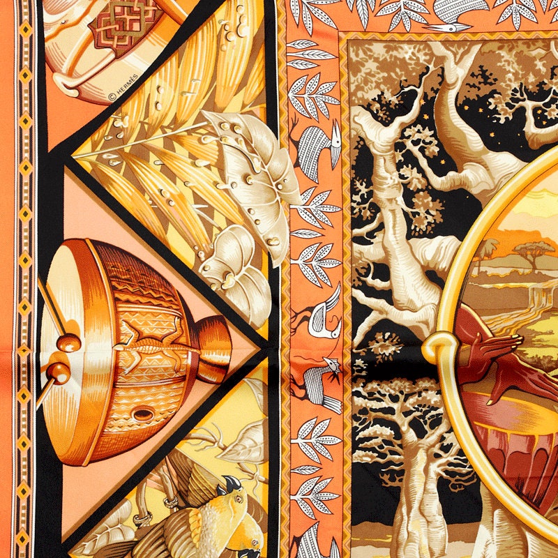 Hermes Scarf "Au Son du Tam Tam" by Laurence Bourthoumieux 90cm Silk