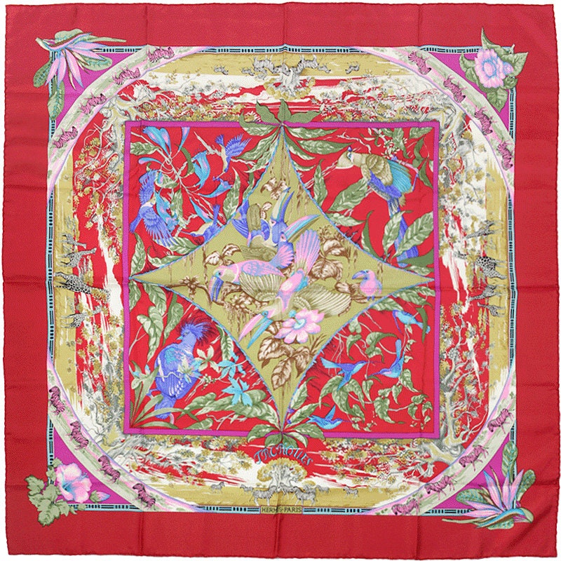 Hermes Scarf "Tropiques" by Laurence Bourthoumieux Vintage 90cm Silk