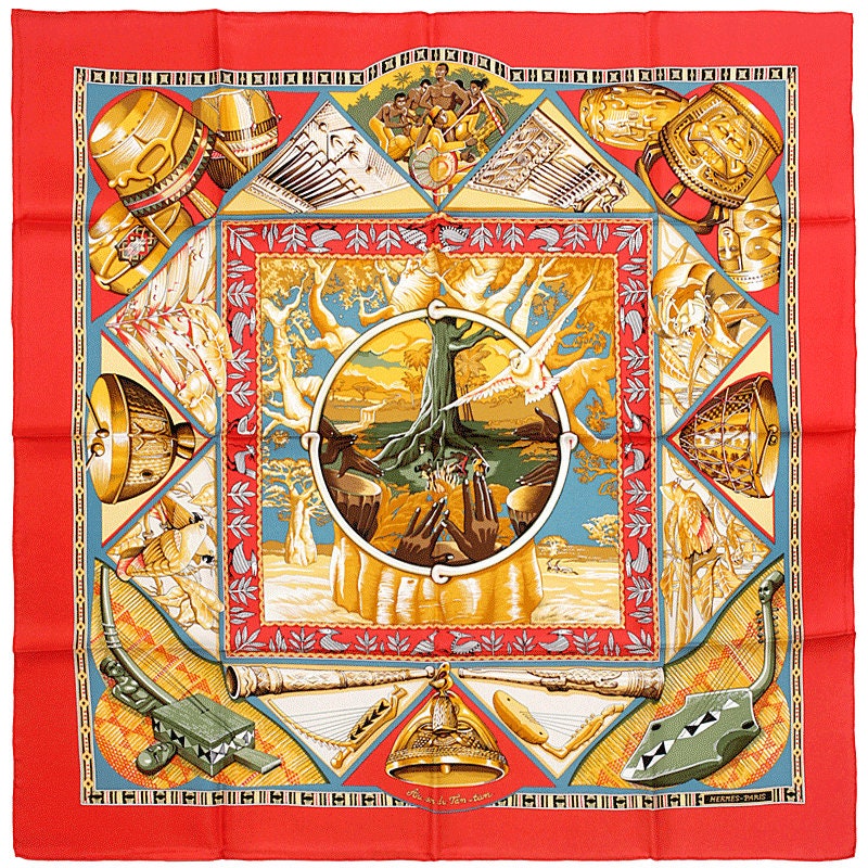 Hermes Scarf "Au Son du Tam Tam" by Laurence Bourthoumieux Vintage 90cm Silk