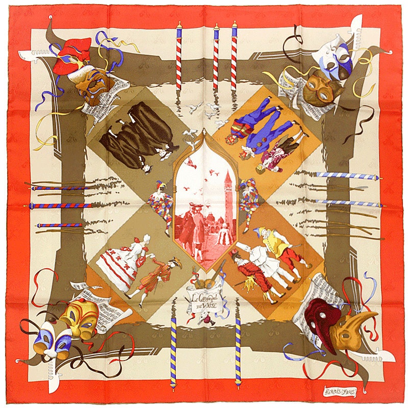 Hermes Scarf Jacquard "Le Carnaval de Venise" by Hubert de Watrigant 90cm Silk