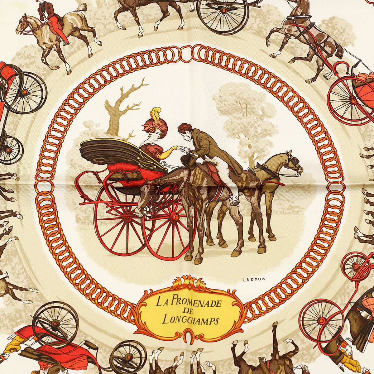 Hermes Scarf "Promenade de Longchamps" by Philippe Ledoux Vintage 90cm Silk