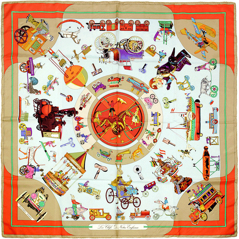 Hermes Scarf "Les Clefs du Notre Enfance" by Loic Dubigeon 90cm Silk