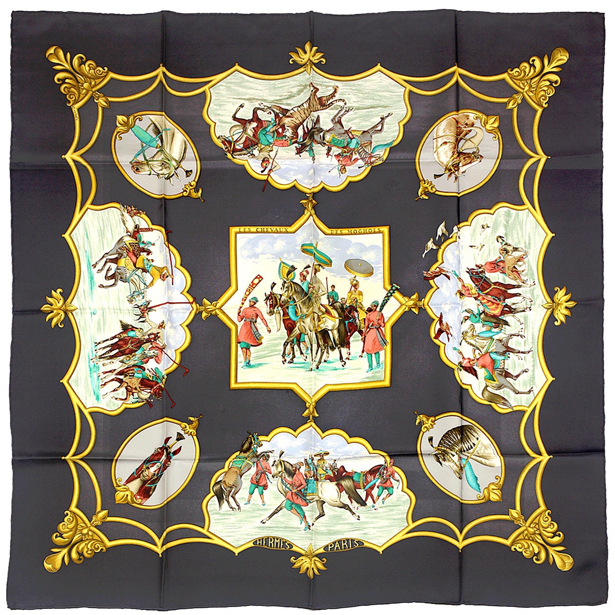 Hermes Scarf "Les Chevaux des Moghols" by Jean De Fougerolle Vintage 90cm Silk