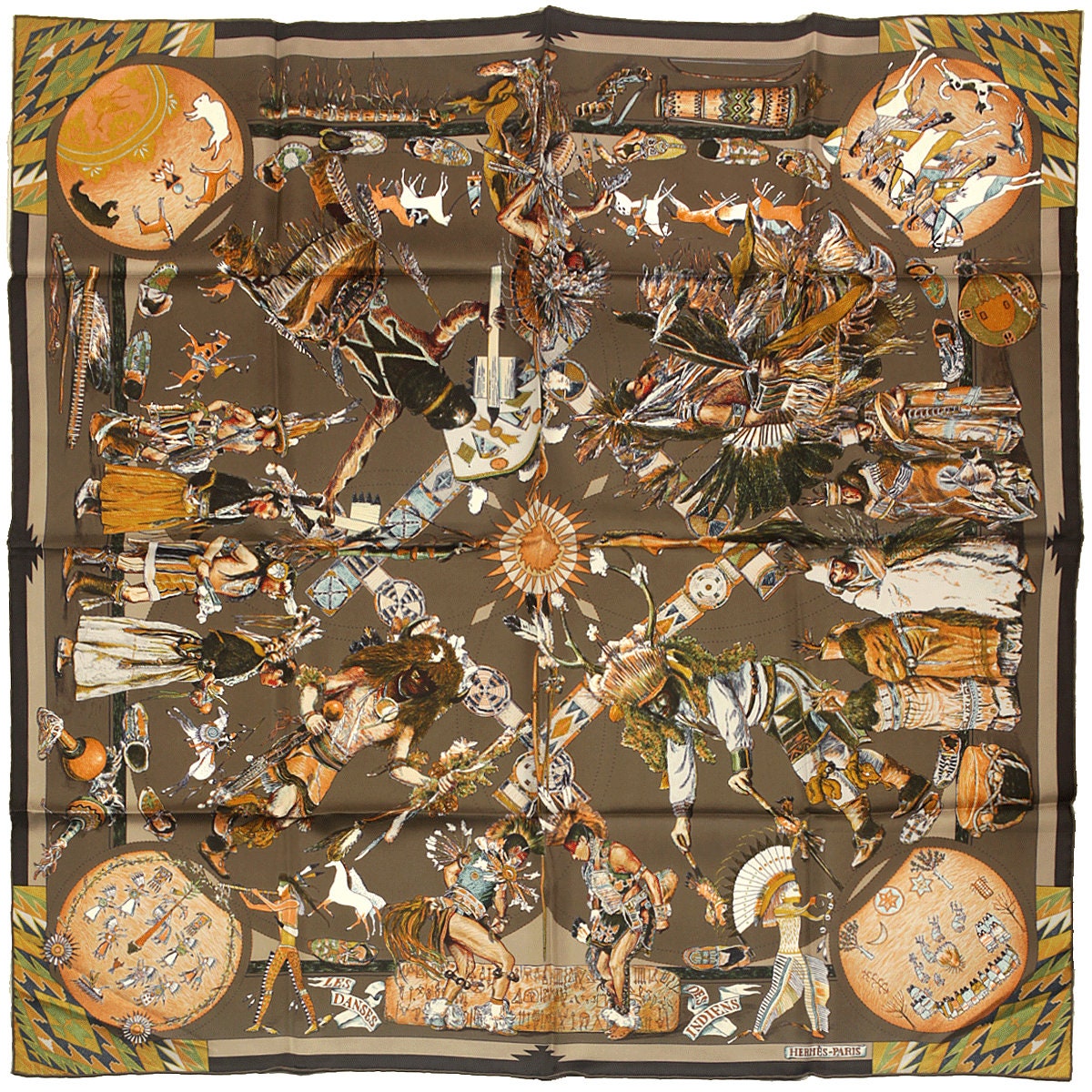 Hermes Scarf "Les Danses des Indiens" by Kermit Oliver 90cm Silk