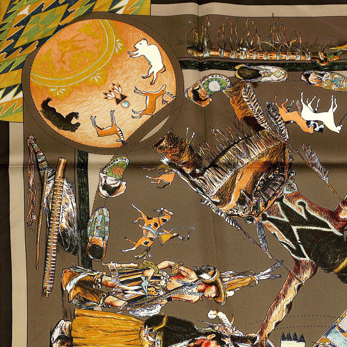 Hermes Scarf "Les Danses des Indiens" by Kermit Oliver 90cm Silk