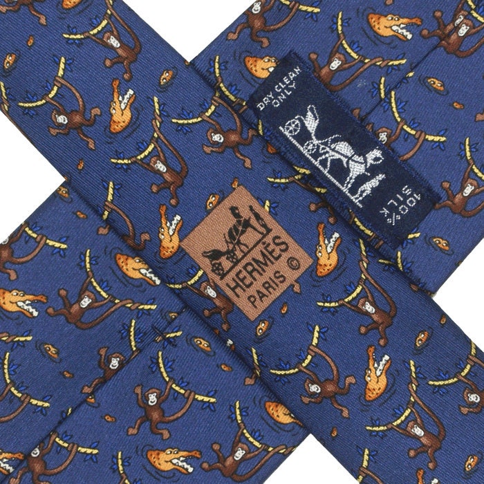 Hermes Men's Silk Tie Whimsical Monkey and Crocodile Pattern 7682