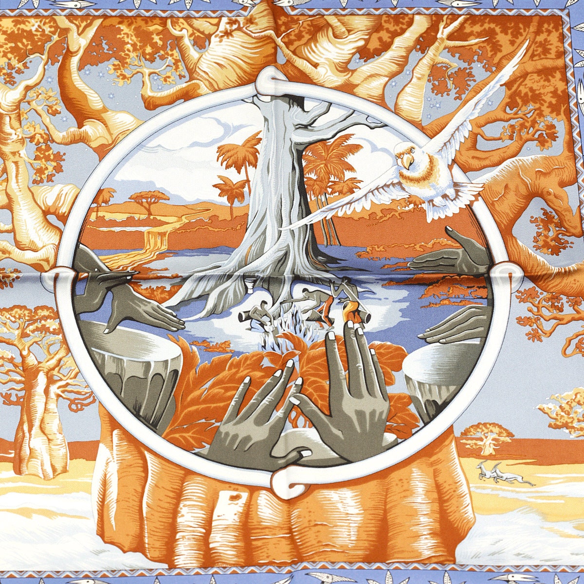 Hermes Scarf "Au Son du Tam Tam" by Laurence Bourthoumieux Vintage 90cm Silk