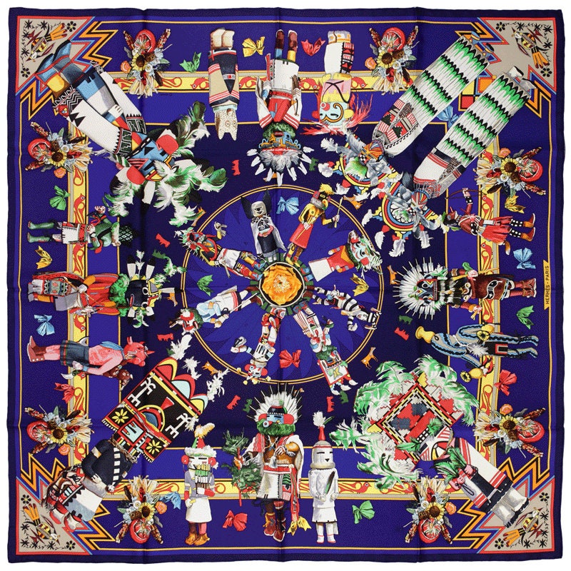 Hermes Scarf "Kachinas" by Kermit Oliver Vintage 90cm Silk | Carre Foulard