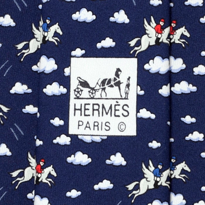 Hermes Men's Silk Tie Whimsical Pegasus Jockeys Pattern 5007