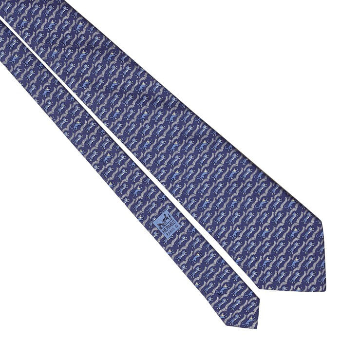 Hermes Men's Silk Tie Whimsical Tiger and Monkey Pattern 5382
