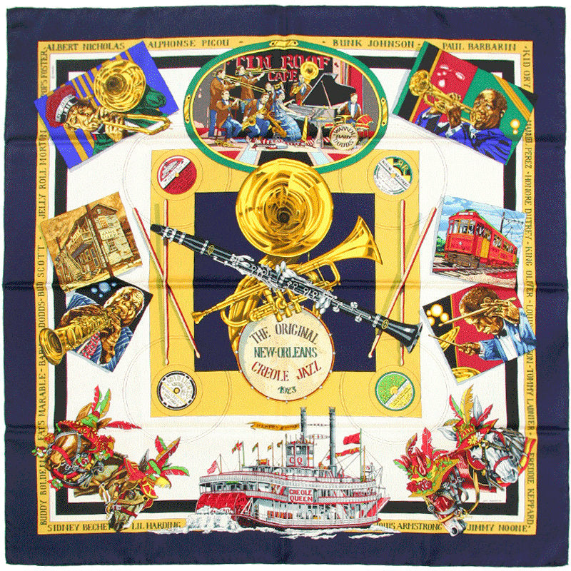 Hermes Scarf "New Orleans Creole Jazz" by Loic Dubigeon Vintage 90cm Silk | Carre