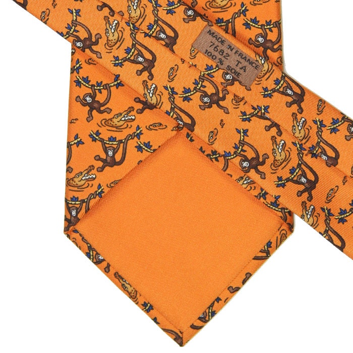 Hermes Men's Silk Tie Whimsical Monkey and Crocodile Pattern 7682