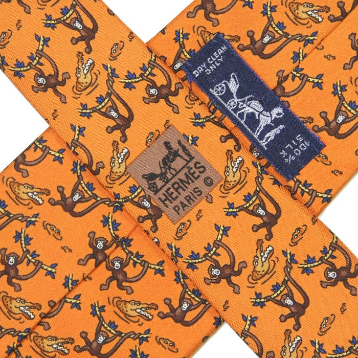 Hermes Men's Silk Tie Whimsical Monkey and Crocodile Pattern 7682