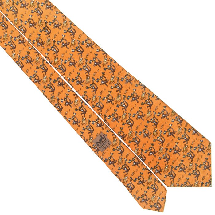 Hermes Men's Silk Tie Whimsical Monkey and Crocodile Pattern 7682
