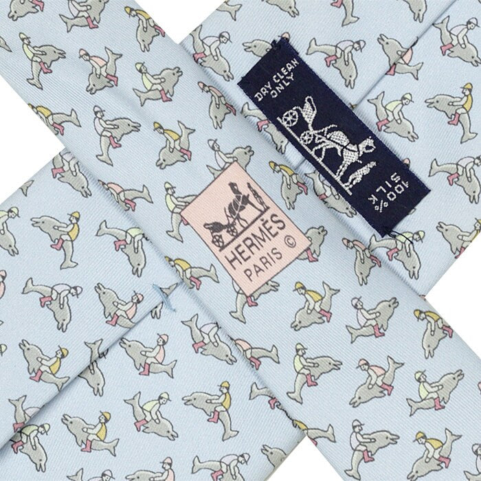 Hermes Men's Silk Tie Whimsical Dolphin Jockeys Pattern 5241 | Necktie Cravate