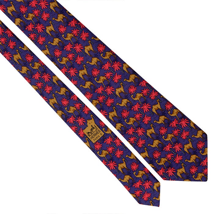 Hermes Men's Silk Tie Camels and Palm Trees Pattern 7418 | Necktie Cravate