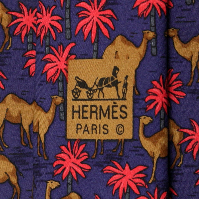 Hermes Men's Silk Tie Camels and Palm Trees Pattern 7418 | Necktie Cravate