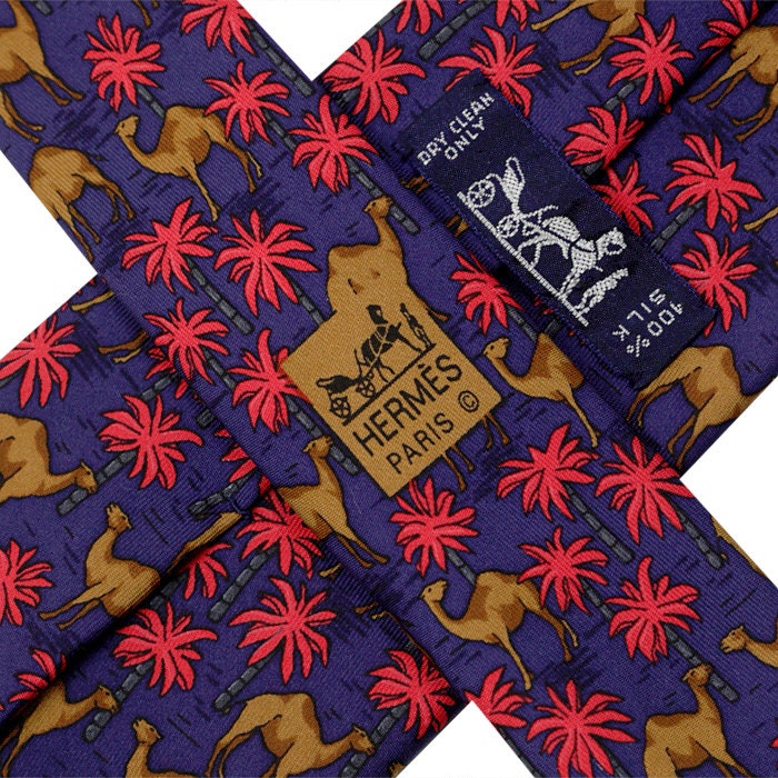 Hermes Men's Silk Tie Camels and Palm Trees Pattern 7418 | Necktie Cravate