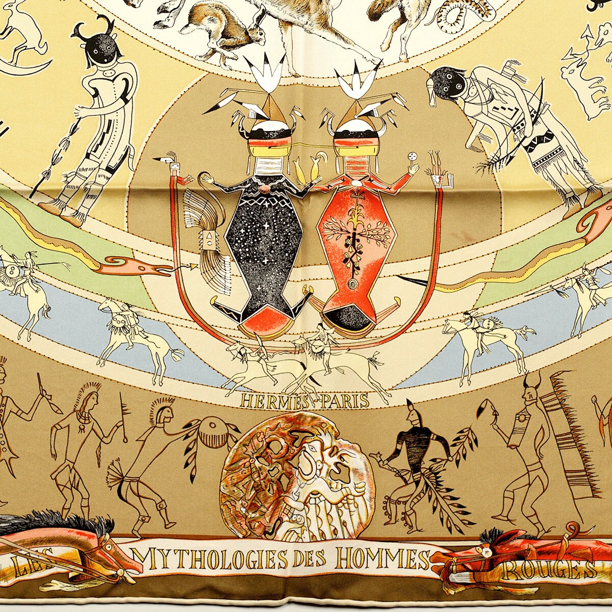 Hermes Scarf "Mythologies des Hommes Rouges" by Kermit Oliver 90cm Silk | GRAIL Carre Foulard