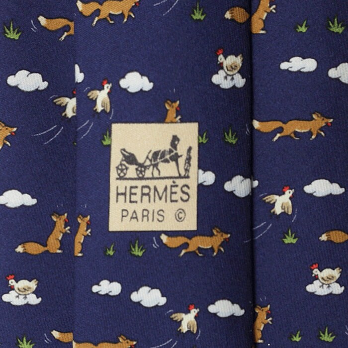 Hermes Men's Silk Tie Whimsical Fox and Hen Pattern 5064 | Necktie Cravate