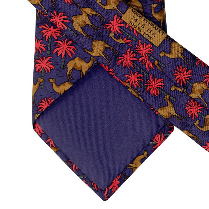 Hermes Men's Silk Tie Camels and Palm Trees Pattern 7418 | Necktie Cravate