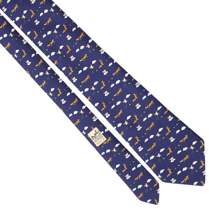 Hermes Men's Silk Tie Whimsical Fox and Hen Pattern 5064