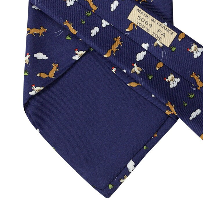 Hermes Men's Silk Tie Whimsical Fox and Hen Pattern 5064