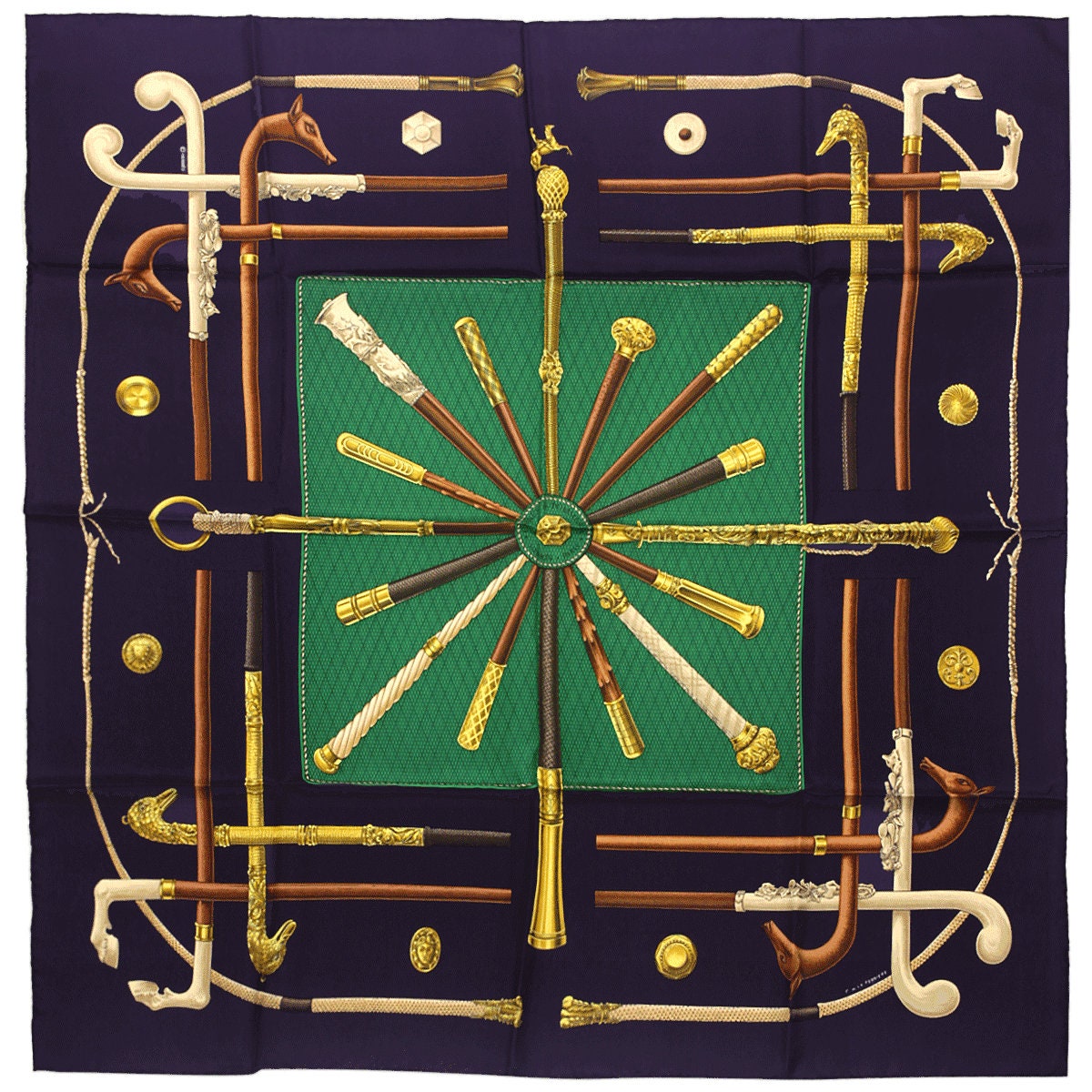 Hermes Scarf "Cannes et Pommeaux" by Françoise De La Perriere Vintage 90cm Silk | Carre Foulard