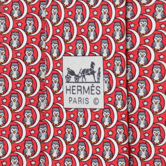 Hermes Men's Silk Tie Whimsical Owls and Moons Pattern 5269