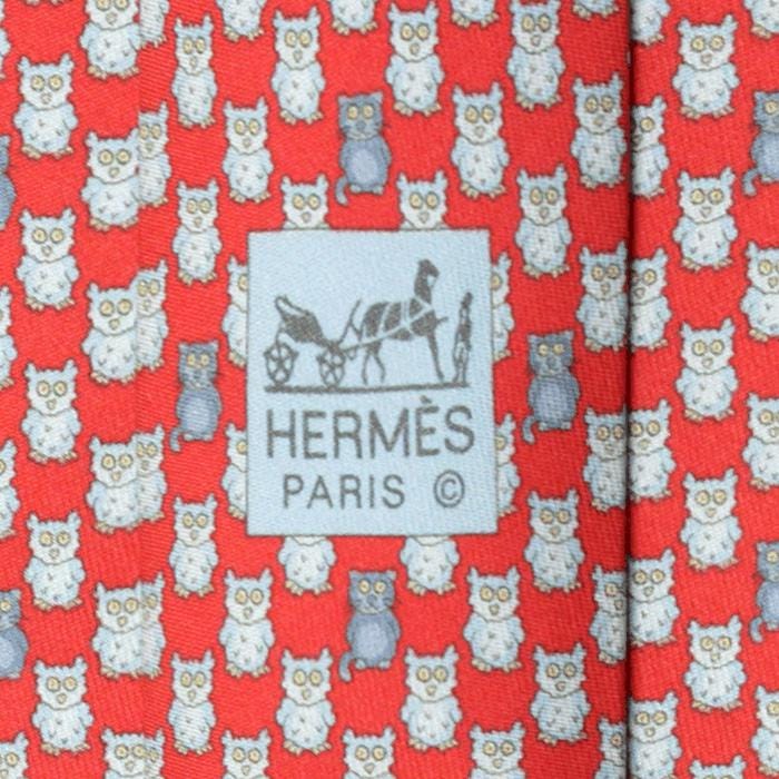 Hermes Men's Silk Tie Whimsical Cats and Owls Pattern 5610 | Necktie Cravate