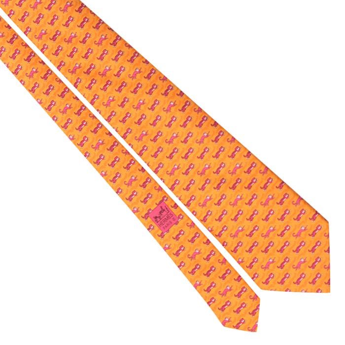 Hermes Men's Silk Tie Whimsical Tiger and Monkey Pattern 5382 | Necktie Cravate