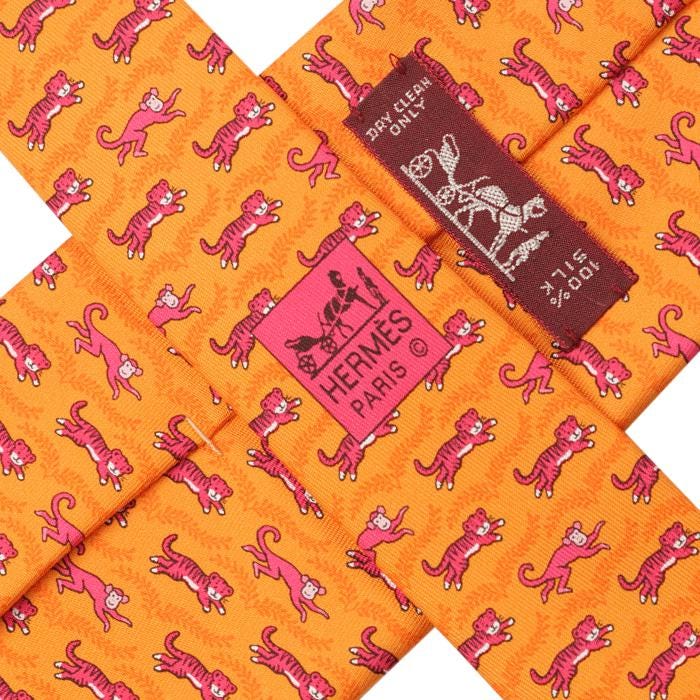 Hermes Men's Silk Tie Whimsical Tiger and Monkey Pattern 5382 | Necktie Cravate