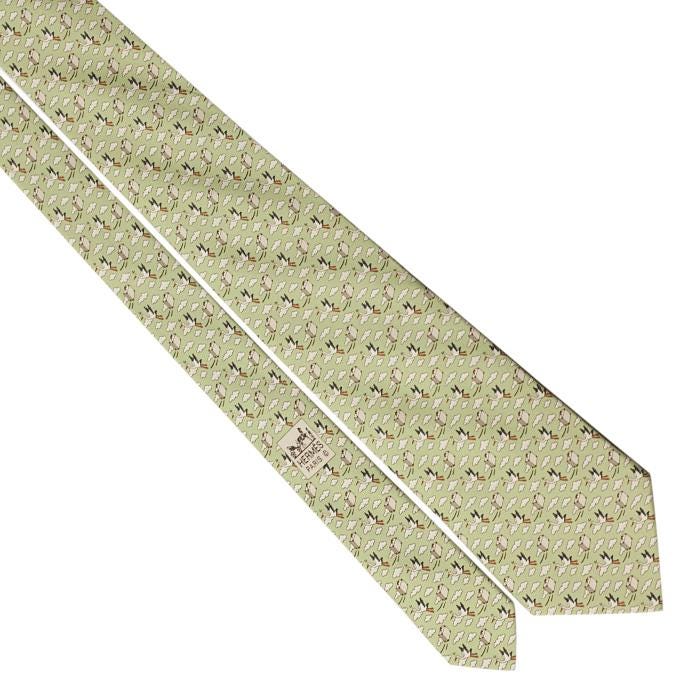 Hermes Men's Silk Tie Whimsical Storks and Briefcases Pattern 5454 | Necktie Cravate