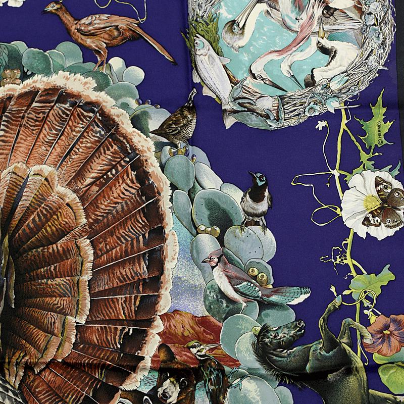 HERMES スカーフ 緑・青　動物モチーフ エルメスカレ90 動物柄 緑/青/黒 レディース スカーフ HERMES 中古