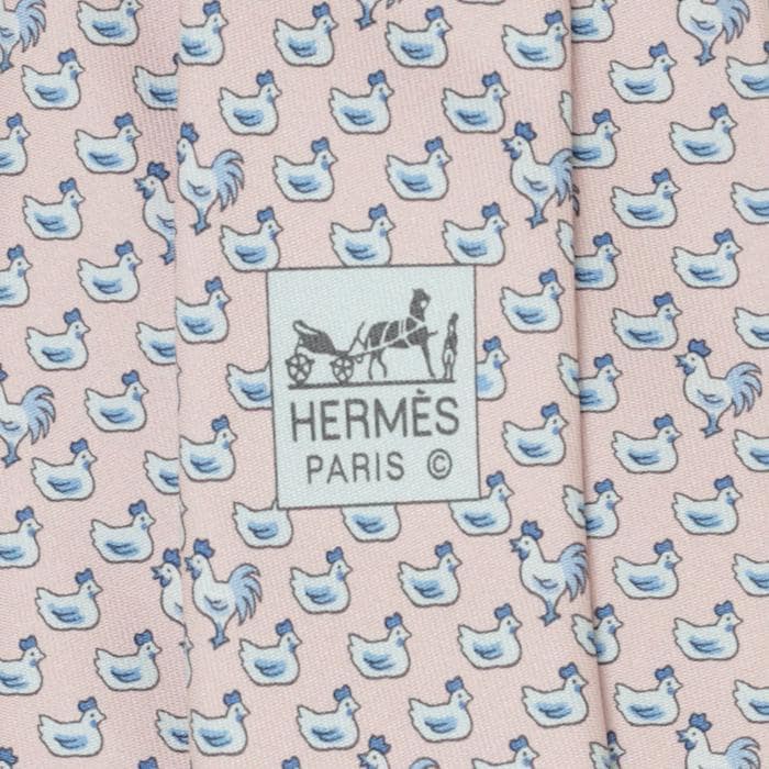 Hermes Men's Silk Tie Whimsical Chicken and Rooster Pattern 5267