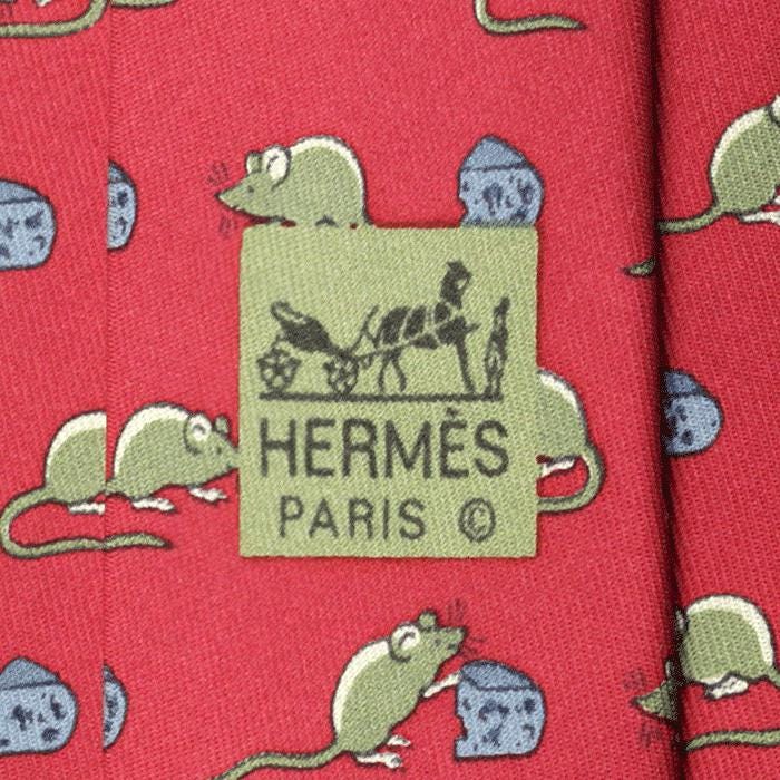 Hermes Men's Silk Tie Vintage Whimsical Mouse and Cheese Pattern