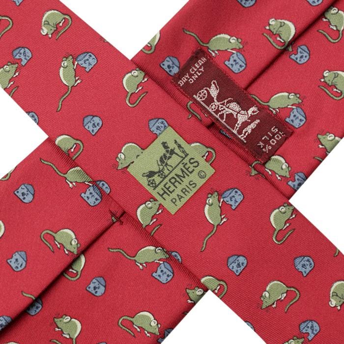 Hermes Men's Silk Tie Vintage Whimsical Mouse and Cheese Pattern