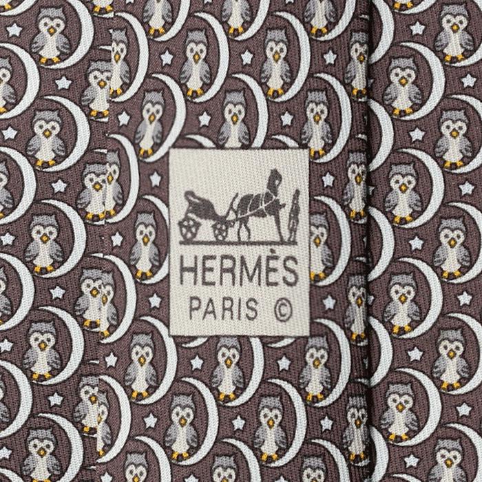 Hermes Men's Silk Tie Whimsical Owls and Moons Pattern 5269 | Necktie Cravate