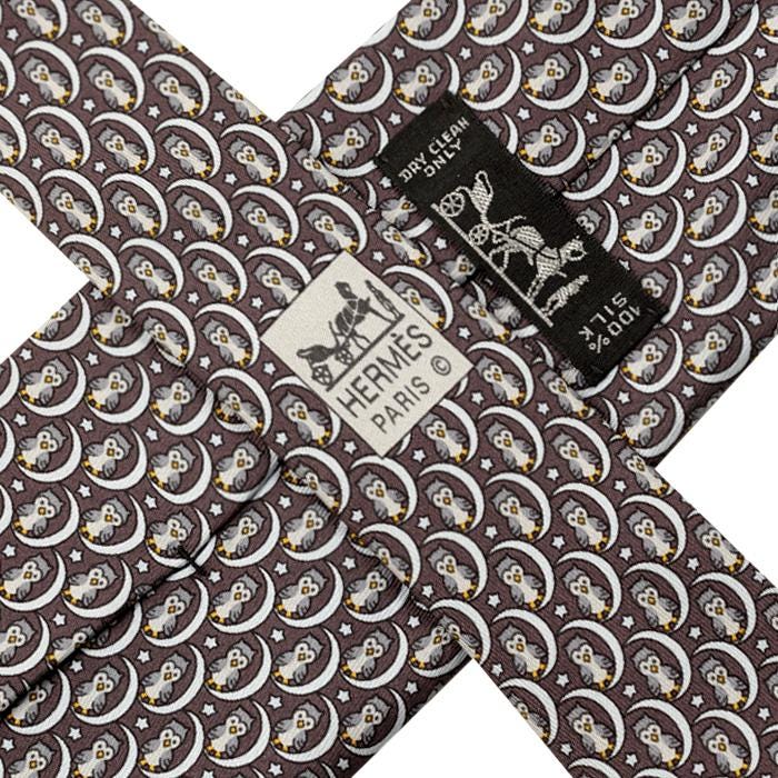 Hermes Men's Silk Tie Whimsical Owls and Moons Pattern 5269 | Necktie Cravate