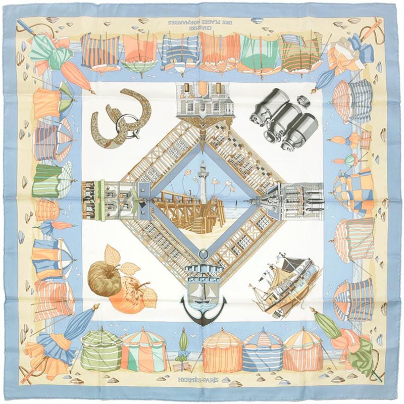 Hermes Scarf "Charmes des Plages Normandes" by Loic Dubigeon Vintage 90cm Silk | Carre Foulard